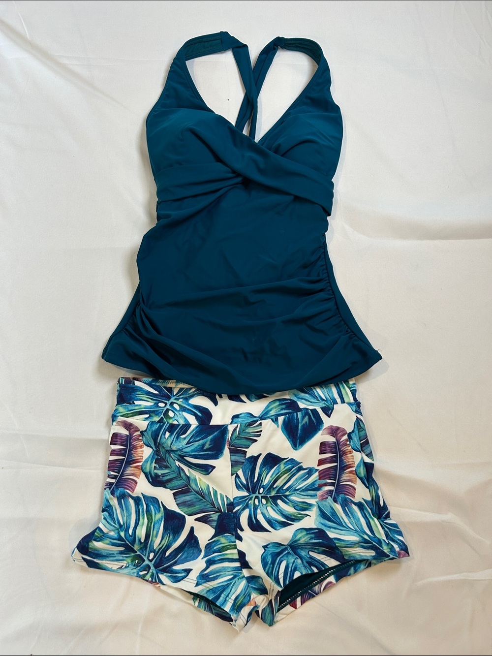 Women's Teal Tankini Top with Tropical Print Swim Shorts